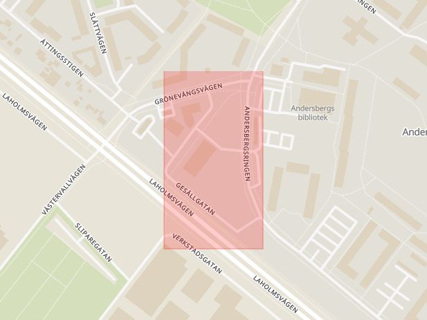 Karta som med röd fyrkant ramar in Halmstad, Gesällgatan, Hallands län