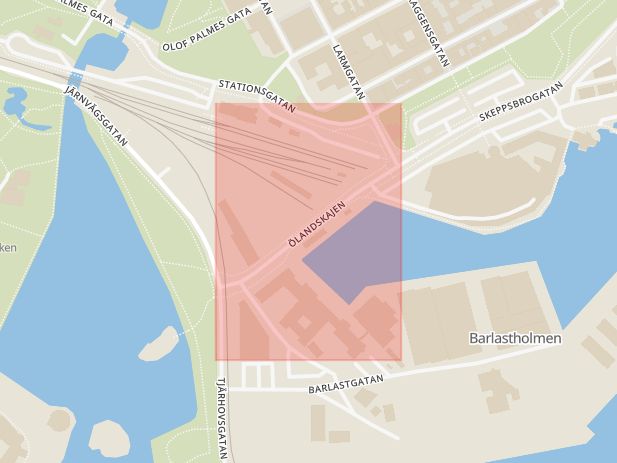 Karta som med röd fyrkant ramar in Ölandskajen, Kalmar, Kalmar län