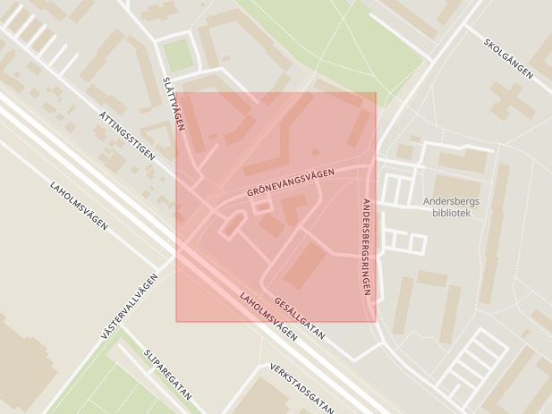 Karta som med röd fyrkant ramar in Grönevångsvägen, Hallands län
