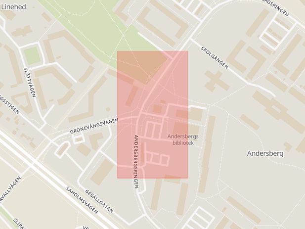 Karta som med röd fyrkant ramar in Halmstad, Grönevångs Torg, Hallands län