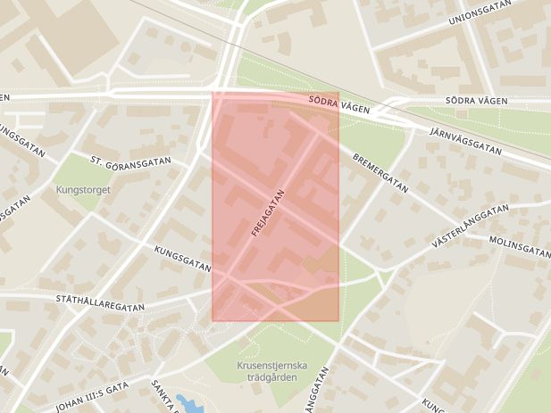 Karta som med röd fyrkant ramar in Frejagatan, Kalmar, Kalmar län