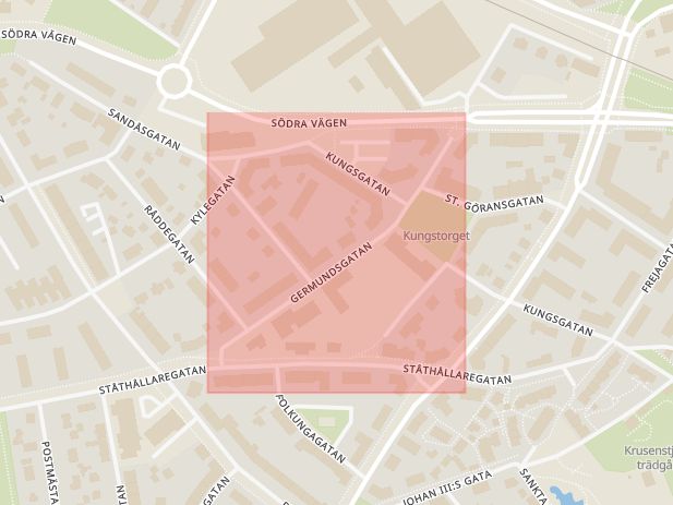 Karta som med röd fyrkant ramar in Germundsgatan, Kalmar, Kalmar län