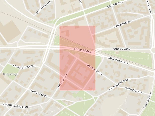 Karta som med röd fyrkant ramar in Bremergatan, Frejagatan, Kalmar, Kalmar län