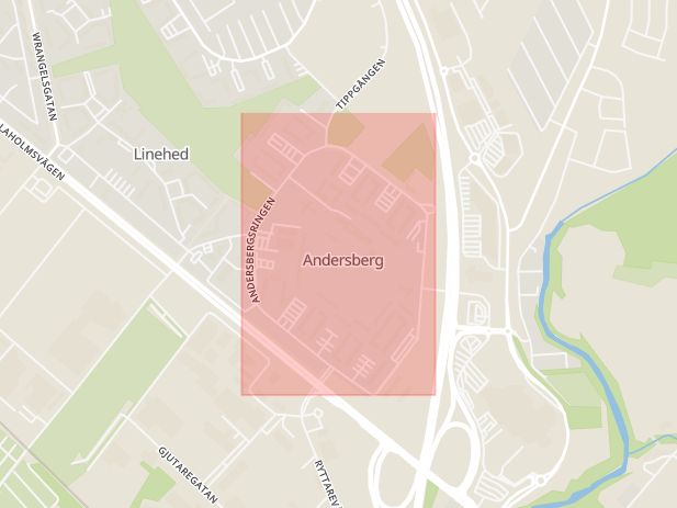 Karta som med röd fyrkant ramar in Andersbergsringen, Halmstad, Hallands län