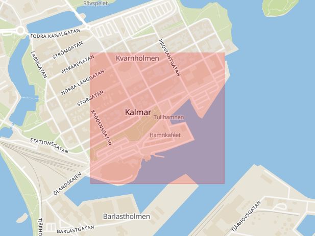 Karta som med röd fyrkant ramar in Skeppsbrogatan, Larmtorget, Larmgatan, Jutegatan, Norra Långgatan, Slottsvägen, Kalmar, Kalmar län