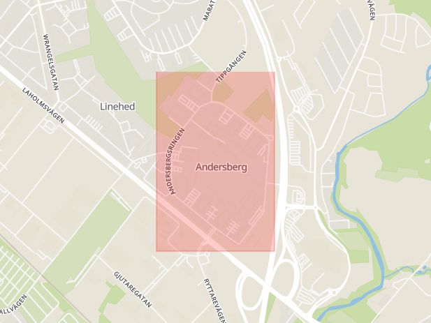 Karta som med röd fyrkant ramar in Andersberg, Halmstad, Hallands län