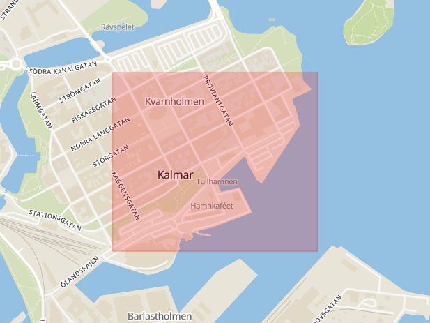 Karta som med röd fyrkant ramar in Skeppsbrogatan, Kalmar, Kalmar län