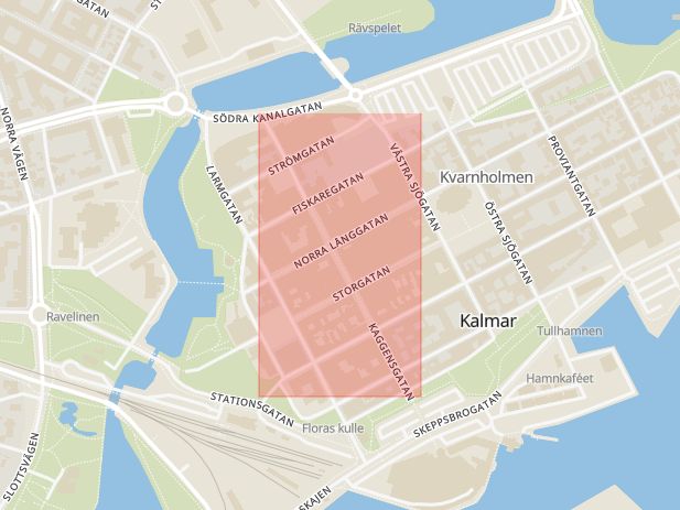 Karta som med röd fyrkant ramar in Kvarnholmen, Kaggensgatan, Kalmar, Kalmar län