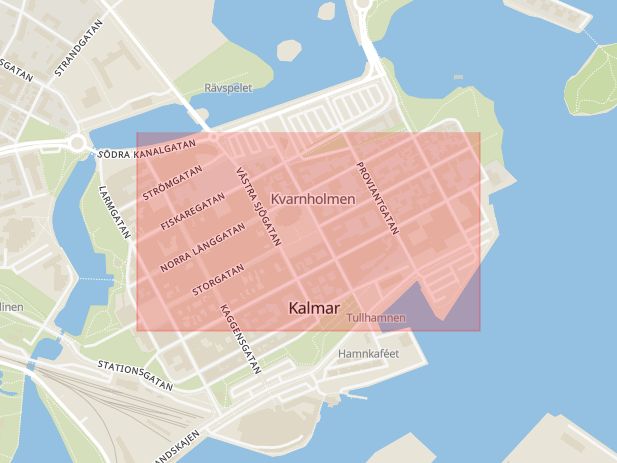 Karta som med röd fyrkant ramar in Storgatan, Kalmar, Kalmar län