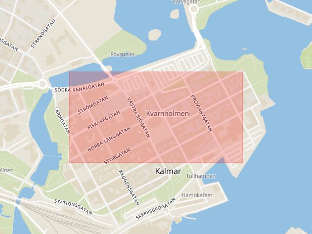 Karta som med röd fyrkant ramar in Norra Långgatan, Kalmar, Kalmar län