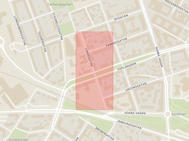 Karta som med röd fyrkant ramar in Linnégatan, Kalmar, Kalmar län