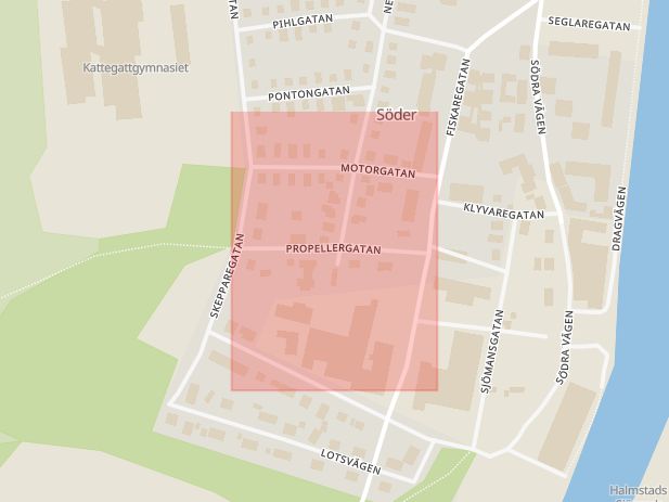 Karta som med röd fyrkant ramar in Propellergatan, Halmstad, Hallands län
