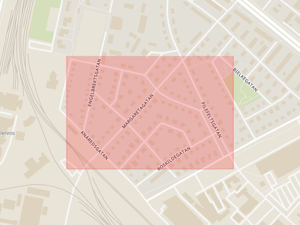 Karta som med röd fyrkant ramar in Kristoffersgatan, Sparregatan, Halmstad, Hallands län