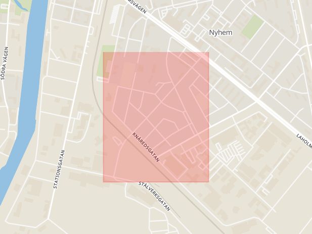 Karta som med röd fyrkant ramar in Halmstad, Margaretagatan, Hallands län