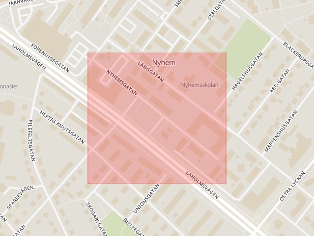 Karta som med röd fyrkant ramar in Halmstad, Gamletull, Viktoriagatan, Varberg, Nyhemsgatan, Hallands län