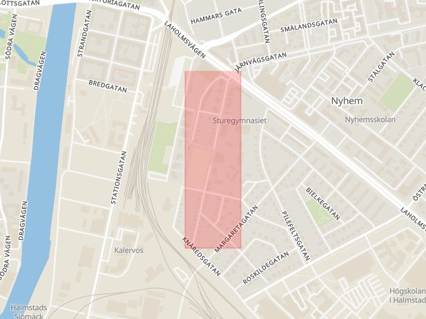 Karta som med röd fyrkant ramar in Halmstad, Engelbrektsgatan, Hallands län