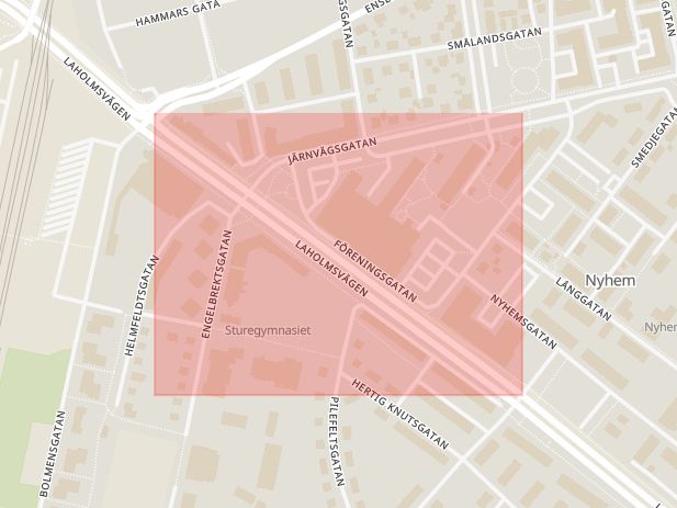 Karta som med röd fyrkant ramar in Laholmsvägen, Nyhem, Halmstad, Hallands län