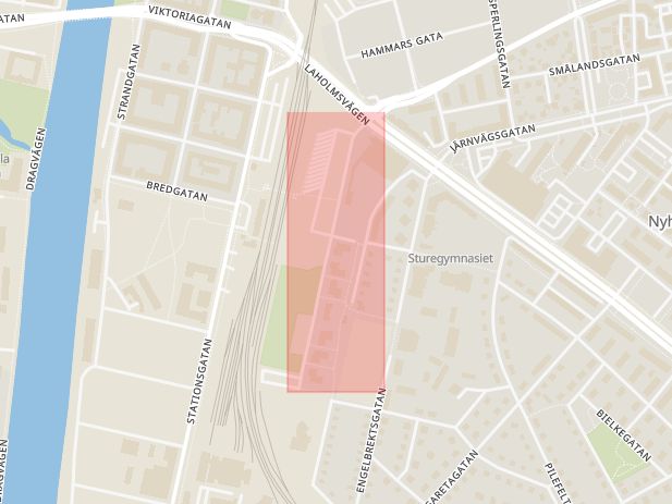 Karta som med röd fyrkant ramar in Halmstad, Bolmensgatan, Sture, Hallands län
