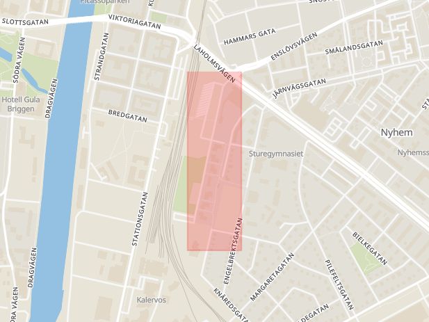 Karta som med röd fyrkant ramar in Bolmensgatan, Halmstad, Hallands län