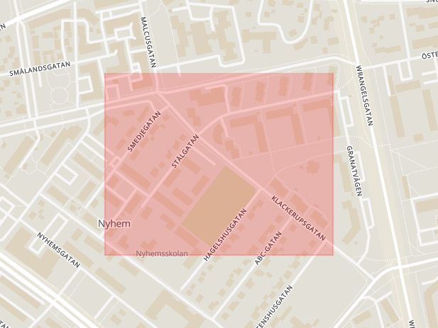 Karta som med röd fyrkant ramar in Halmstad, Stålgatan, Nyhem, Hallands län