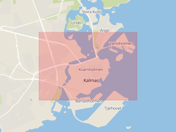 Karta som med röd fyrkant ramar in Kvarnholmen, Kalmar, Kalmar län