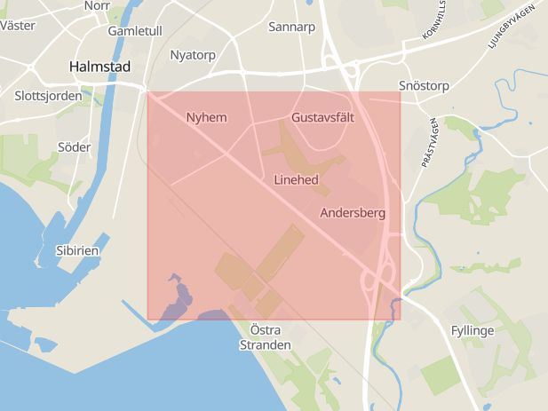 Karta som med röd fyrkant ramar in Andersberg, Laholmsvägen, Halmstad, Hallands län