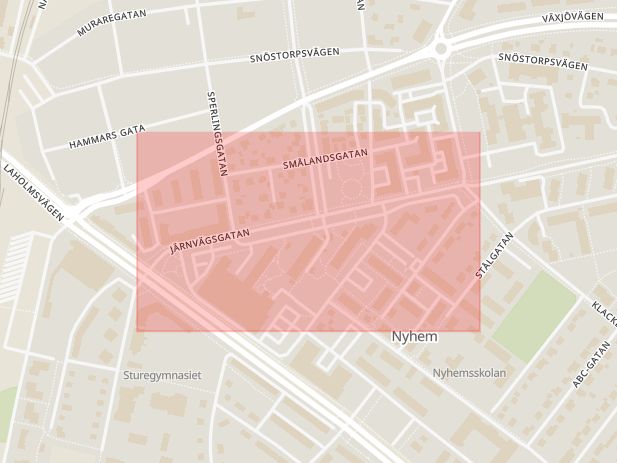 Karta som med röd fyrkant ramar in Nyhem, Järnvägsgatan, Halmstad, Hallands län