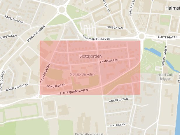 Karta som med röd fyrkant ramar in Halmstad, Slottsjorden, Hallands län
