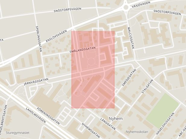 Karta som med röd fyrkant ramar in Halmstad, Järnvägsgatan, Nyhem, Laholmsvägen, Hallands län