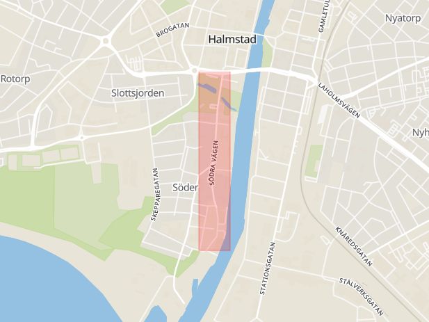 Karta som med röd fyrkant ramar in Södra Vägen, Halmstad, Hallands län