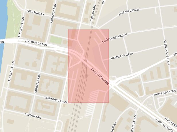 Karta som med röd fyrkant ramar in Laholmsvägen, Viktoriagatan, Halmstad, Hallands län
