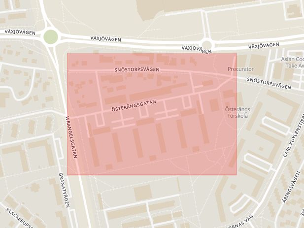 Karta som med röd fyrkant ramar in Österängsgatan, Halmstad, Hallands län