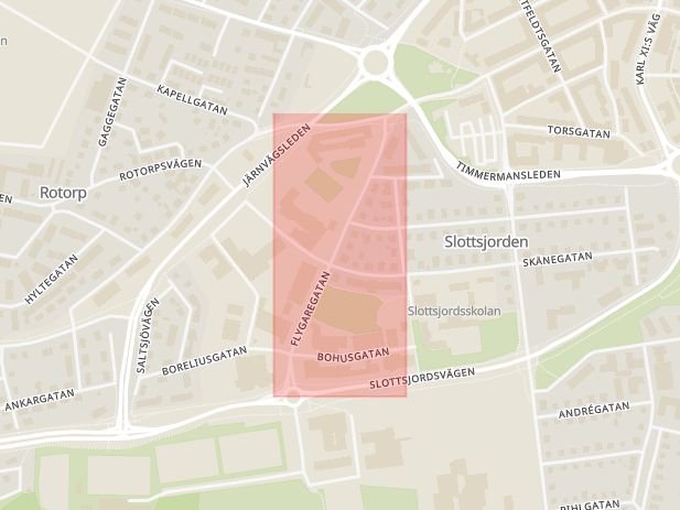 Karta som med röd fyrkant ramar in Halmstad, Flygaregatan, Hallands län