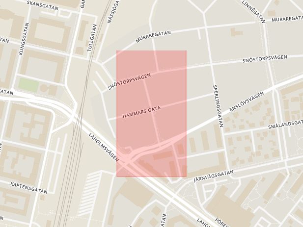 Karta som med röd fyrkant ramar in Repslagaregatan, Halmstad, Hallands län