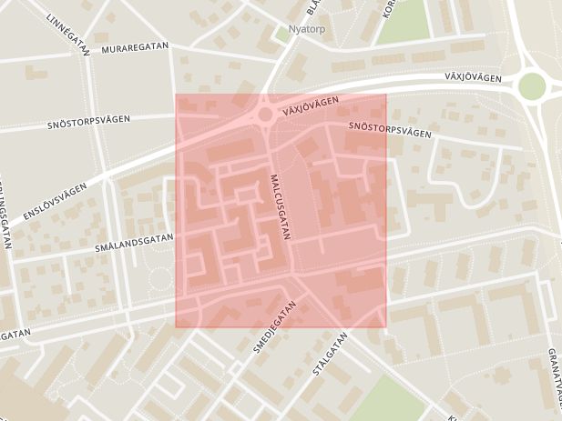Karta som med röd fyrkant ramar in Halmstad, Malcusgatan, Halland, Hallands län