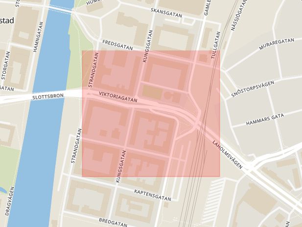 Karta som med röd fyrkant ramar in Halmstad, Viktoriagatan, Hallands län