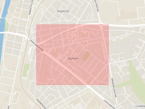 Karta som med röd fyrkant ramar in Nyhem, Halmstad, Hallands län