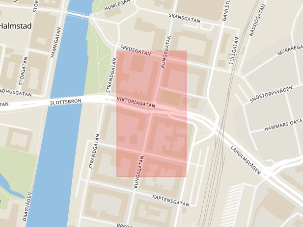 Karta som med röd fyrkant ramar in Halmstad, Kungsgatan, Viktoriagatan, Middagsvägen, Aftonvägen, Fredriksvallsgatan, Norra Vägen, Hallands län
