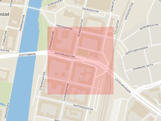 Karta som med röd fyrkant ramar in Viktoriagatan, Halmstad, Hallands län
