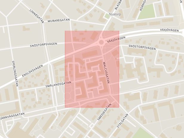 Karta som med röd fyrkant ramar in Halmstad, Malcusgatan, Nyhem, Hallands län