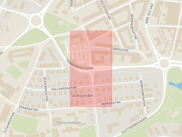 Karta som med röd fyrkant ramar in Skepparegatan, Timmermansleden, Halmstad, Hallands län