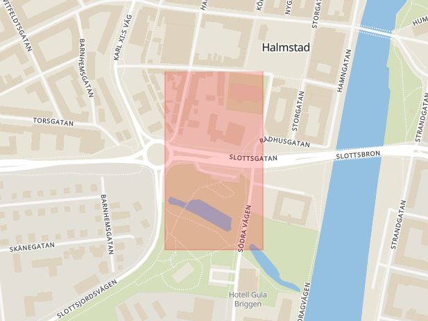 Karta som med röd fyrkant ramar in Slottsgatan, Halmstad, Hallands län