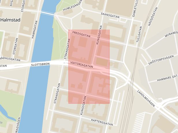 Karta som med röd fyrkant ramar in Halmstad, Viktoriagatan, Stationsgatan, Vallås, Hallands län