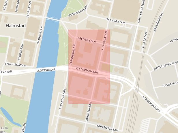 Karta som med röd fyrkant ramar in Halmstad, Viktoriagatan, Varberg, Baggens Gränd, Hallands län