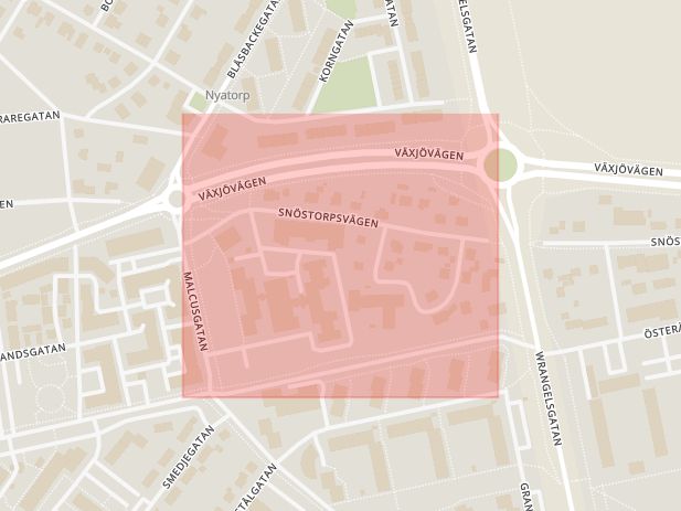 Karta som med röd fyrkant ramar in Halmstad, Nyhem, Snöstorp, Halland, Hallands län
