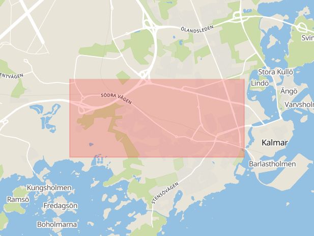 Karta som med röd fyrkant ramar in Södra Vägen, Odlingsvägen, Kalmar, Kalmar län