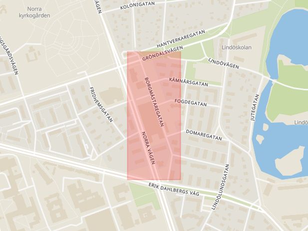 Karta som med röd fyrkant ramar in Borgmästaregatan, Kalmar, Kalmar län