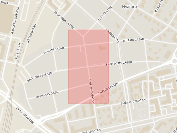 Karta som med röd fyrkant ramar in Nyatorp, Snöstorpsvägen, Sperlingsgatan, Halmstad, Hallands län