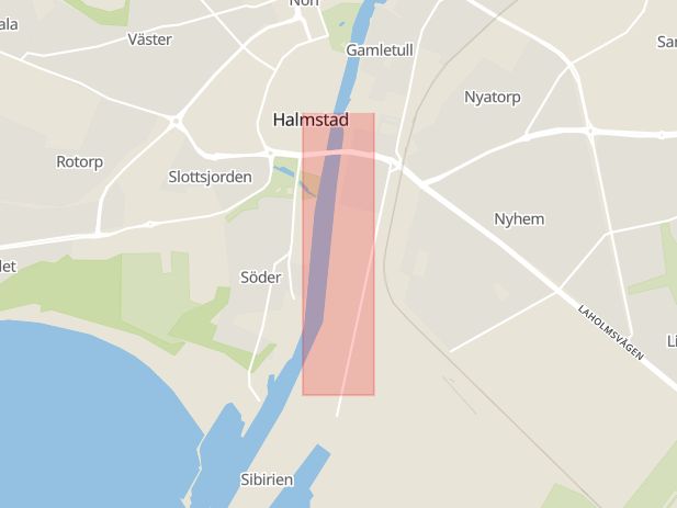 Karta som med röd fyrkant ramar in Strandgatan, Halmstad, Stora Torg, Getinge, Gunnestorp, Varberg, Hallands län