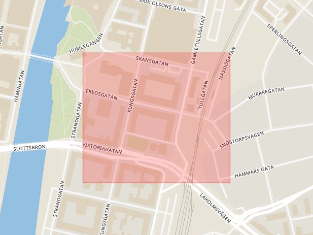 Karta som med röd fyrkant ramar in Halmstad, Fredsgatan, Åled, Brolyckevägen, Hallands län